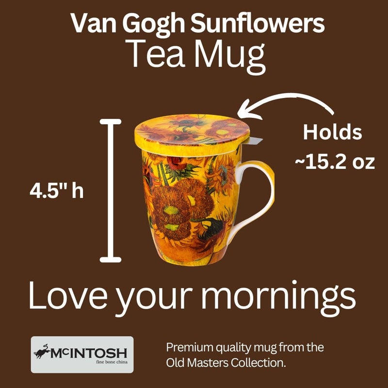 McIntosh Mugs Van Gogh Sunflowers Fine Bone ChinaTea Mug with Lid and Infuser (15 oz) - Image 4